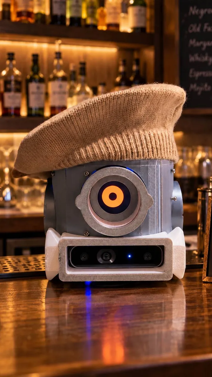 Robomates’ robot bartender head on a bar counter: a machined aluminium head with one glowing orange eye, a depth camera below it and a knitted beret on top